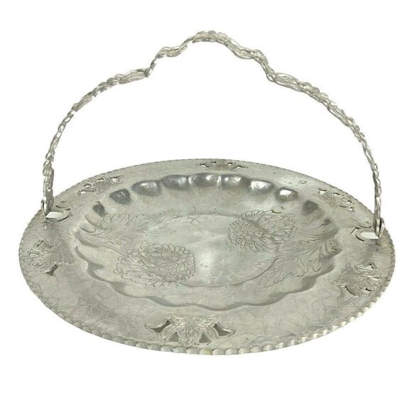 Forman Family Hammered Aluminum Handled Dish Server Chrysanthemum Floral Vintage - Picture 3 of 6